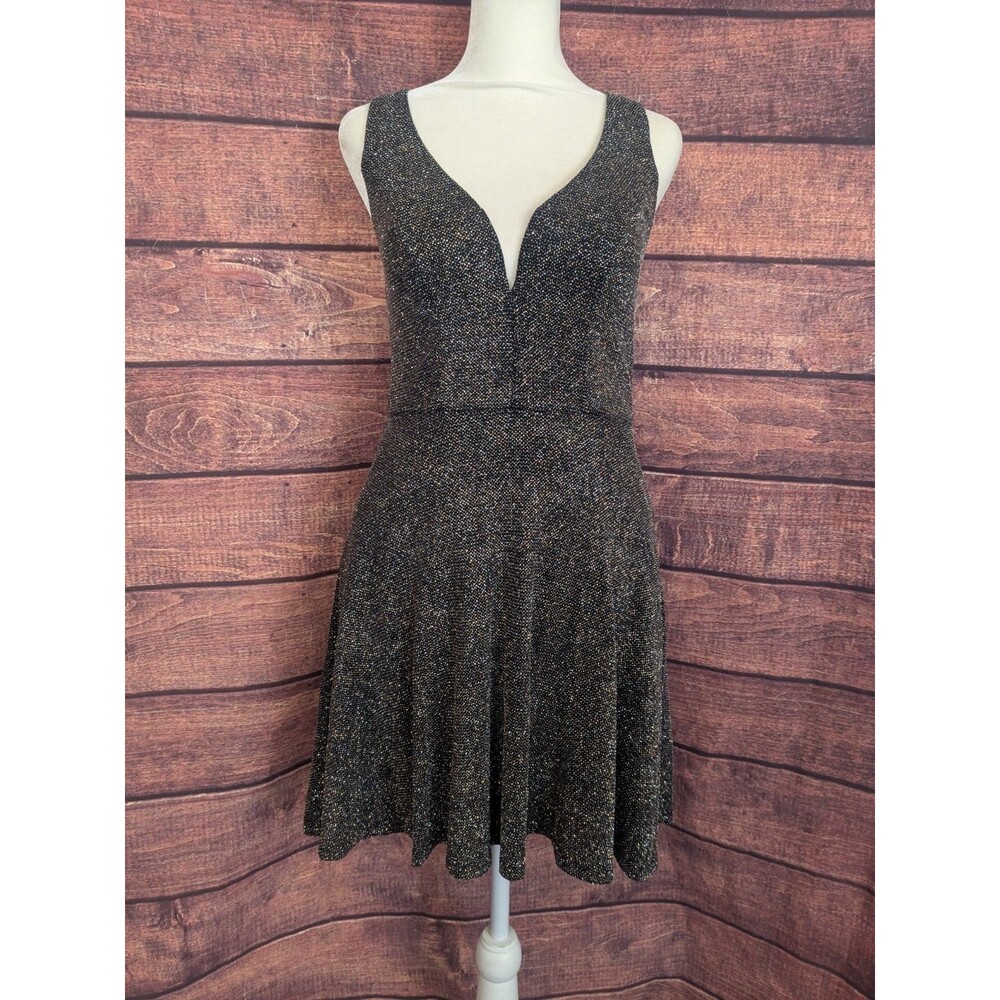 Women's Size 3 Black & Metallic Silver Plunging Neckline Fit & Flare Party Dress